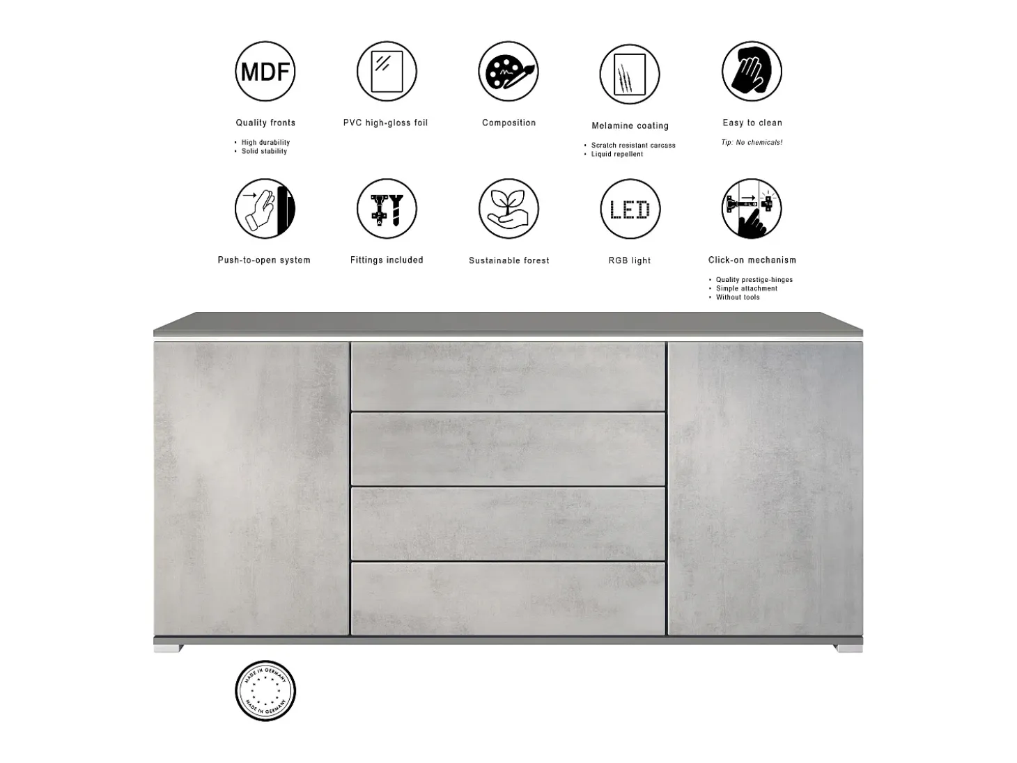 Aparador Faro V2 – Mueble con 2 Puertas y 4 Cajones, Armario con Tira de Luz LED, antracita mate / gris arena de alto brillo (166,5 x 75,5 x 35)