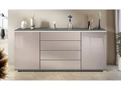 Aparador Faro V2 – Mueble con 2 Puertas y 4 Cajones, Armario con Tira de Luz LED, antracita mate / gris arena de alto brillo (166,5 x 75,5 x 35)