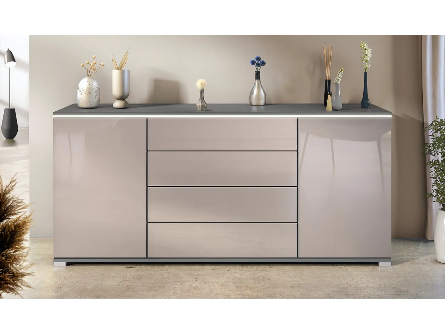 Aparador Faro V2 – Mueble con 2 Puertas y 4 Cajones, Armario con Tira de Luz LED, antracita mate / gris arena de alto brillo (166,5 x 75,5 x 35)