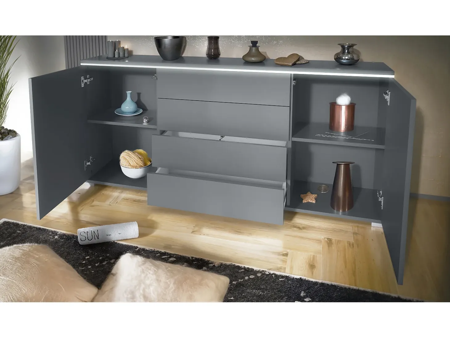 Aparador Faro V2 – Mueble con 2 Puertas y 4 Cajones, Armario con Tira de Luz LED, antracita mate / gris arena de alto brillo (166,5 x 75,5 x 35)