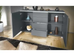 Aparador Faro V1 – Mueble con 2 Puertas y 4 Cajones, Armario con Tira de Luz LED, antracita mate / gris de alto brillo (138,5 x 75,5 x 35)