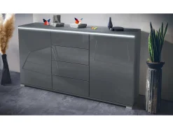 Aparador Faro V1 – Mueble con 2 Puertas y 4 Cajones, Armario con Tira de Luz LED, antracita mate / gris de alto brillo (138,5 x 75,5 x 35)