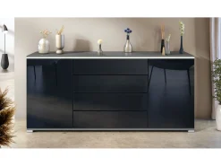 Aparador Faro V2 – Mueble con 2 Puertas y 4 Cajones, Armario con Tira de Luz LED, antracita mate / negro de alto brillo (166,5 x 75,5 x 35)