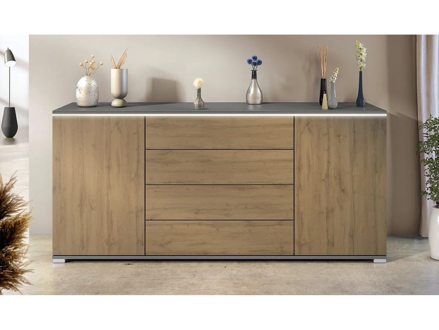 Aparador Faro V2 – Mueble con 2 Puertas y 4 Cajones, Armario con Tira de Luz LED, antracita mate / Roble Evoke (166,5 x 75,5 x 35)