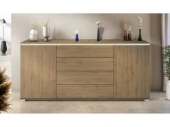 Aparador Faro V2 – Mueble con 2 Puertas y 4 Cajones, Armario con Tira de Luz LED, Roble Evoke / Roble Evoke (166,5 x 75,5 x 35)
