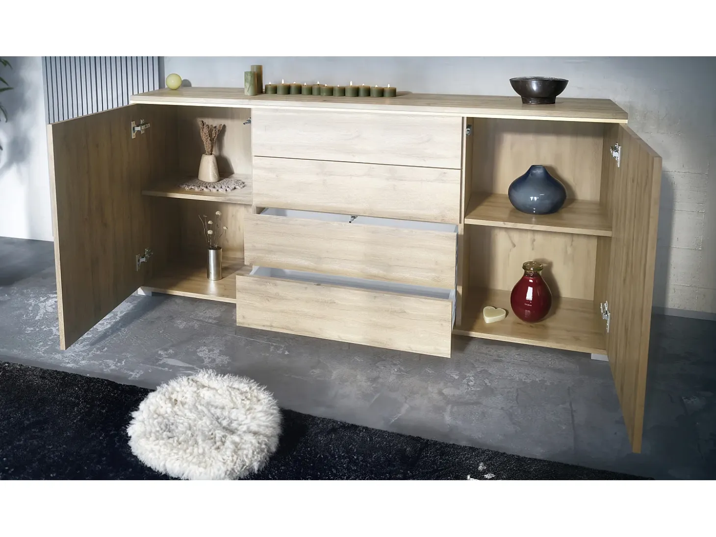 Aparador Faro V2 – Mueble con 2 Puertas y 4 Cajones, Armario con Tira de Luz LED, Roble Evoke / Roble Evoke (166,5 x 75,5 x 35)
