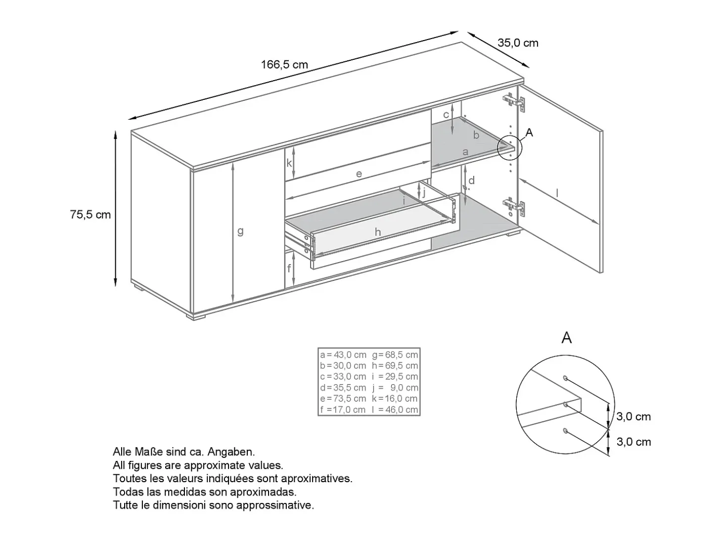 Aparador Faro V2 – Mueble con 2 Puertas y 4 Cajones, Armario con Tira de Luz LED, Roble Evoke / Roble Evoke (166,5 x 75,5 x 35)