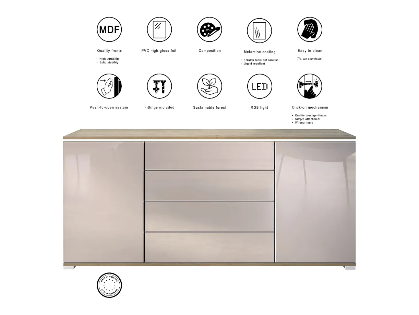 Aparador Faro V2 – Mueble con 2 Puertas y 4 Cajones, Armario con Tira de Luz LED, Roble Evoke / Roble Evoke (166,5 x 75,5 x 35)