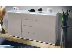 Aparador Faro V1 – Mueble con 2 Puertas y 4 Cajones, Armario con Tira de Luz LED, blanco mate / gris arena de alto brillo (138,5 x 75,5 x 35)