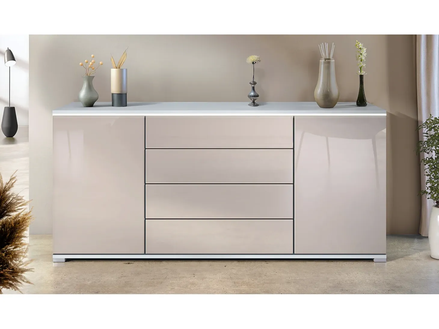 Aparador Faro V2 – Mueble con 2 Puertas y 4 Cajones, Armario con Tira de Luz LED, blanco mate / gris arena de alto brillo (166,5 x 75,5 x 35)