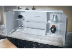 Aparador Faro V2 – Mueble con 2 Puertas y 4 Cajones, Armario con Tira de Luz LED, blanco mate / gris arena de alto brillo (166,5 x 75,5 x 35)