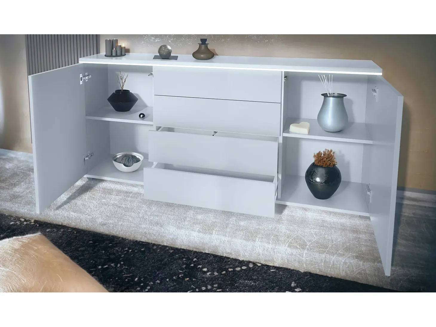 Aparador Faro V2 – Mueble con 2 Puertas y 4 Cajones, Armario con Tira de Luz LED, blanco mate / gris arena de alto brillo (166,5 x 75,5 x 35)