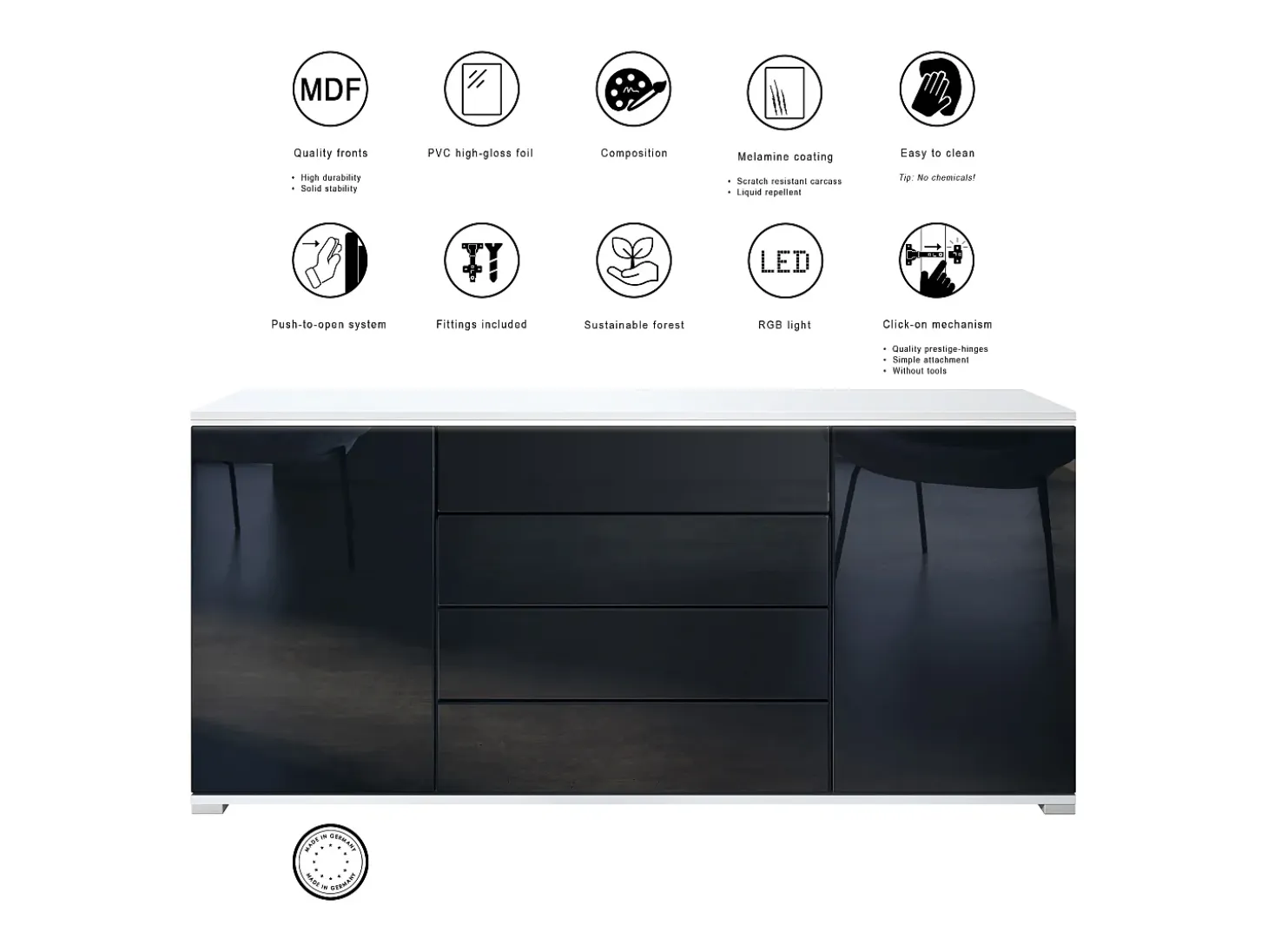 Aparador Faro V2 – Mueble con 2 Puertas y 4 Cajones, Armario con Tira de Luz LED, blanco mate / gris arena de alto brillo (166,5 x 75,5 x 35)