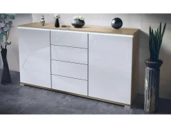 Aparador Faro V1 – Mueble con 2 Puertas y 4 Cajones, Armario con Tira de Luz LED, Roble Evoke / blanco de alto brillo (138,5 x 75,5 x 35)
