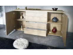 Aparador Faro V2 – Mueble con 2 Puertas y 4 Cajones, Armario con Tira de Luz LED, Roble Evoke / gris de alto brillo (166,5 x 75,5 x 35)