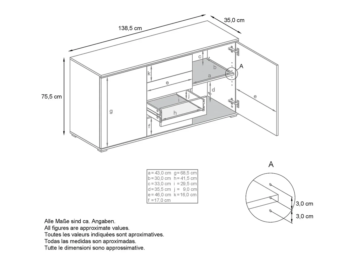 Aparador Faro V1 – Mueble con 2 Puertas y 4 Cajones, Armario con Tira de Luz LED, blanco mate / burdeos de alto brillo (138,5 x 75,5 x 35)