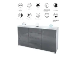 Aparador Faro V1 – Mueble con 2 Puertas y 4 Cajones, Armario con Tira de Luz LED, blanco mate / burdeos de alto brillo (138,5 x 75,5 x 35)