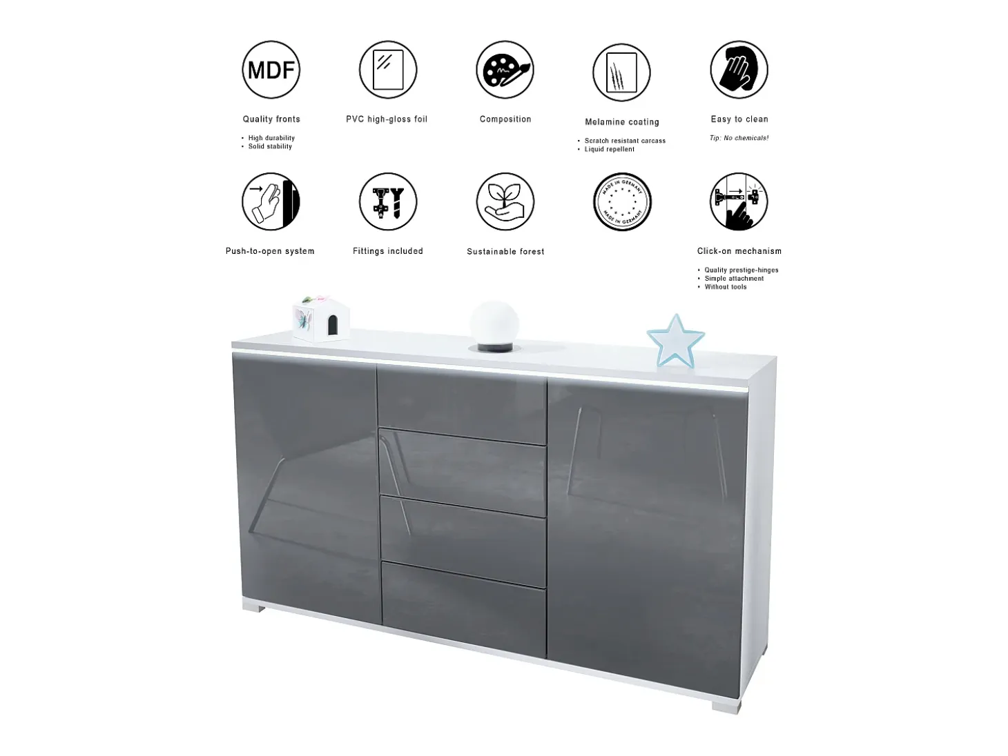 Aparador Faro V1 – Mueble con 2 Puertas y 4 Cajones, Armario con Tira de Luz LED, blanco mate / burdeos de alto brillo (138,5 x 75,5 x 35)