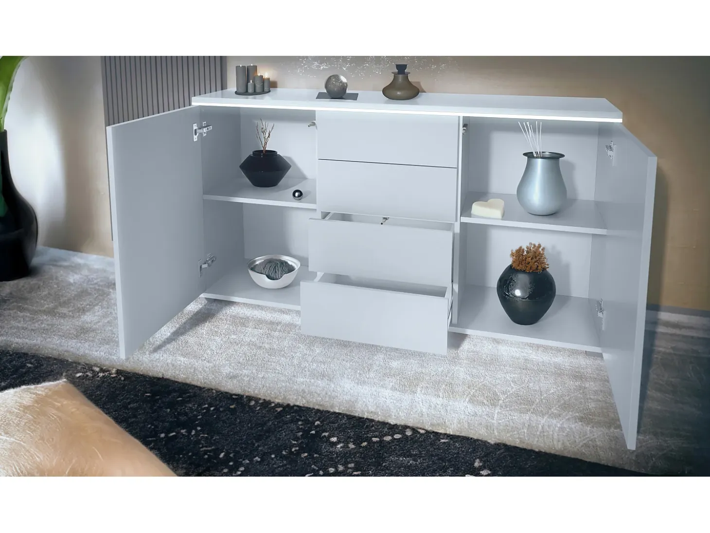 Aparador Faro V1 – Mueble con 2 Puertas y 4 Cajones, Armario con Tira de Luz LED, blanco mate / burdeos de alto brillo (138,5 x 75,5 x 35)