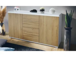 Aparador Faro V1 – Mueble con 2 Puertas y 4 Cajones, Armario con Tira de Luz LED, blanco mate / roble natural (138,5 x 75,5 x 35)
