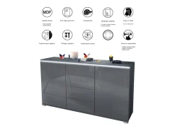 Aparador Faro V1 – Mueble con 2 Puertas y 4 Cajones, Armario con Tira de Luz LED, antracita mate / gris arena de alto brillo (138,5 x 75,5 x 35)
