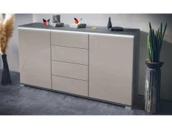 Aparador Faro V1 – Mueble con 2 Puertas y 4 Cajones, Armario con Tira de Luz LED, antracita mate / gris arena de alto brillo (138,5 x 75,5 x 35)