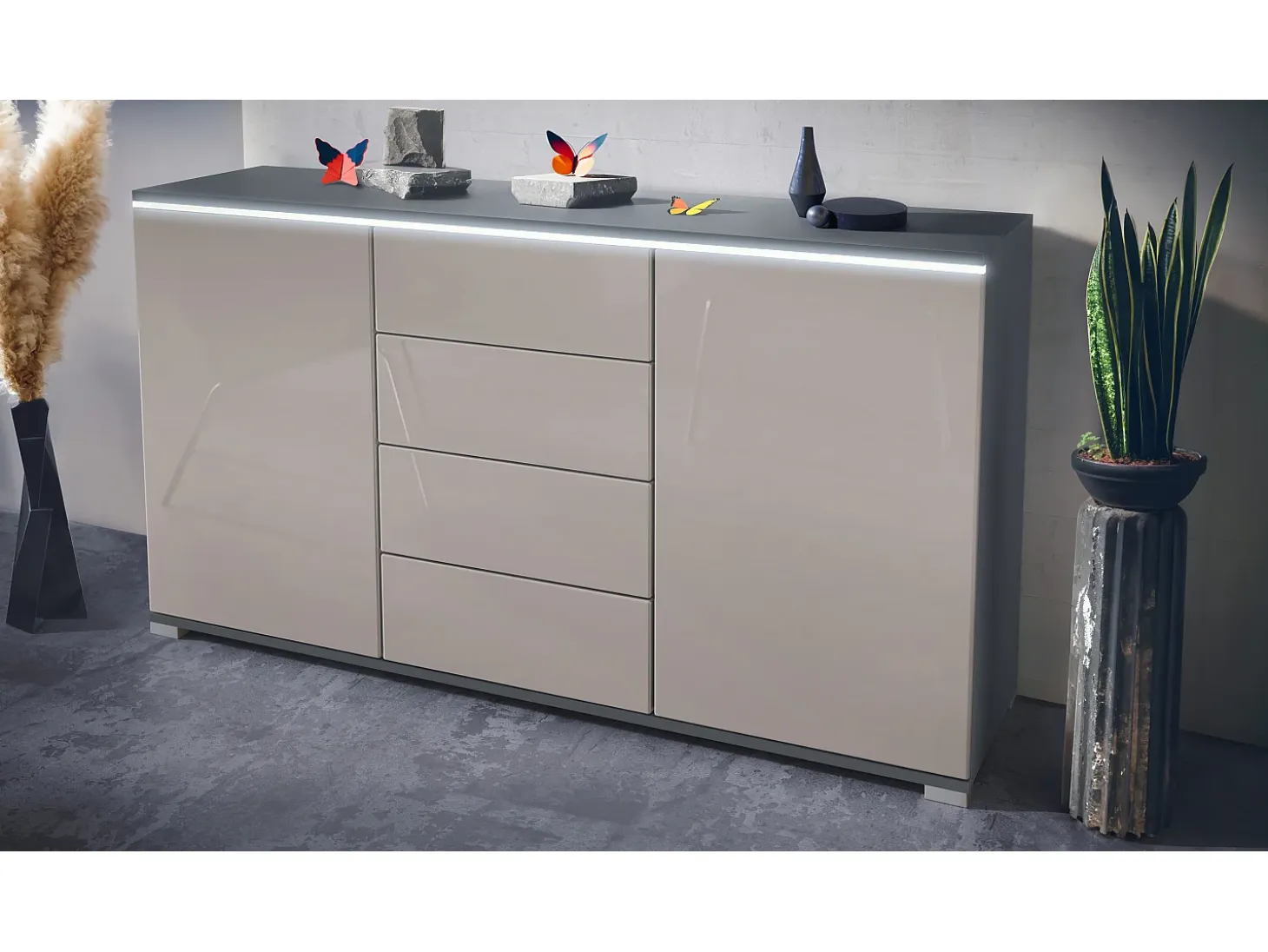 Aparador Faro V1 – Mueble con 2 Puertas y 4 Cajones, Armario con Tira de Luz LED, antracita mate / gris arena de alto brillo (138,5 x 75,5 x 35)