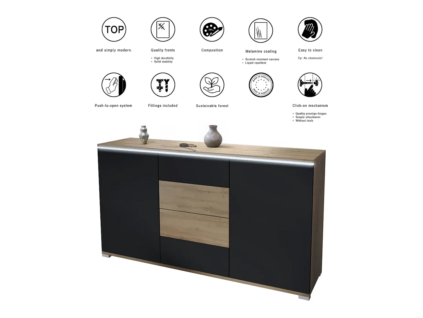 Aparador Faro V1 – Mueble con 2 Puertas y 4 Cajones, Armario con Tira de Luz LED, Roble Evoke / Roble Evoke (138,5 x 75,5 x 35)