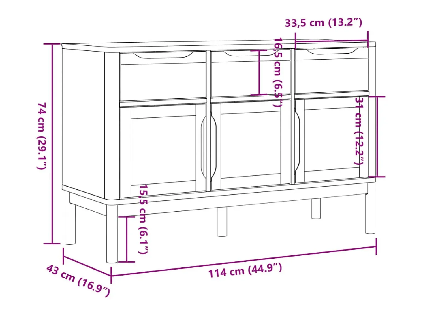 Aparador FLORO madera maciza de pino marrón cera 114x43x74 cm