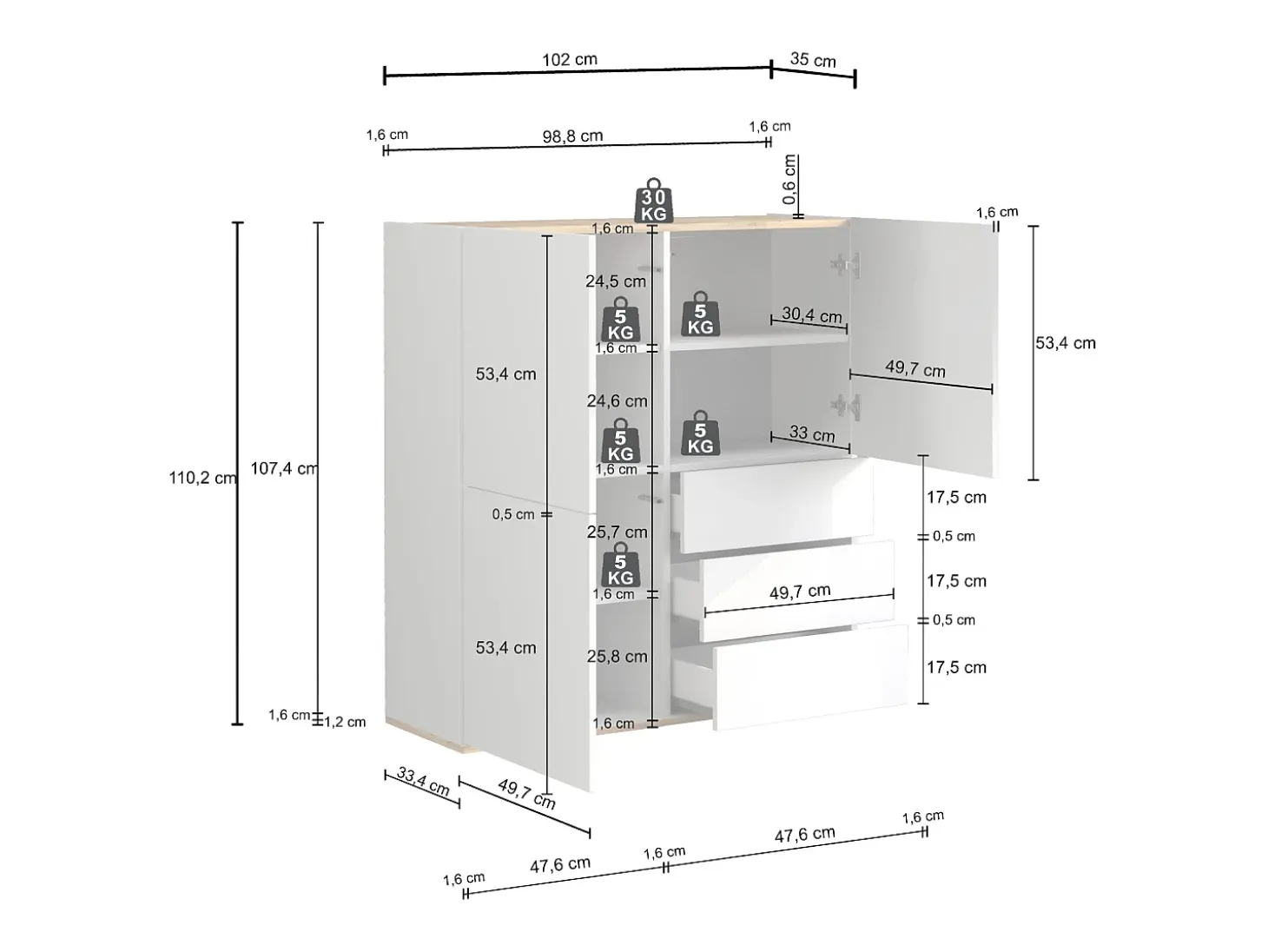 Aparador Garda con 3 puertas y 3 cajones topo mate y roble 102x35x110 cm