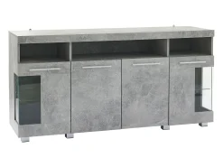Aparador gris con luces LED, 140x40x70 cm, 4 puertas y compartimentos, para salón y comedor