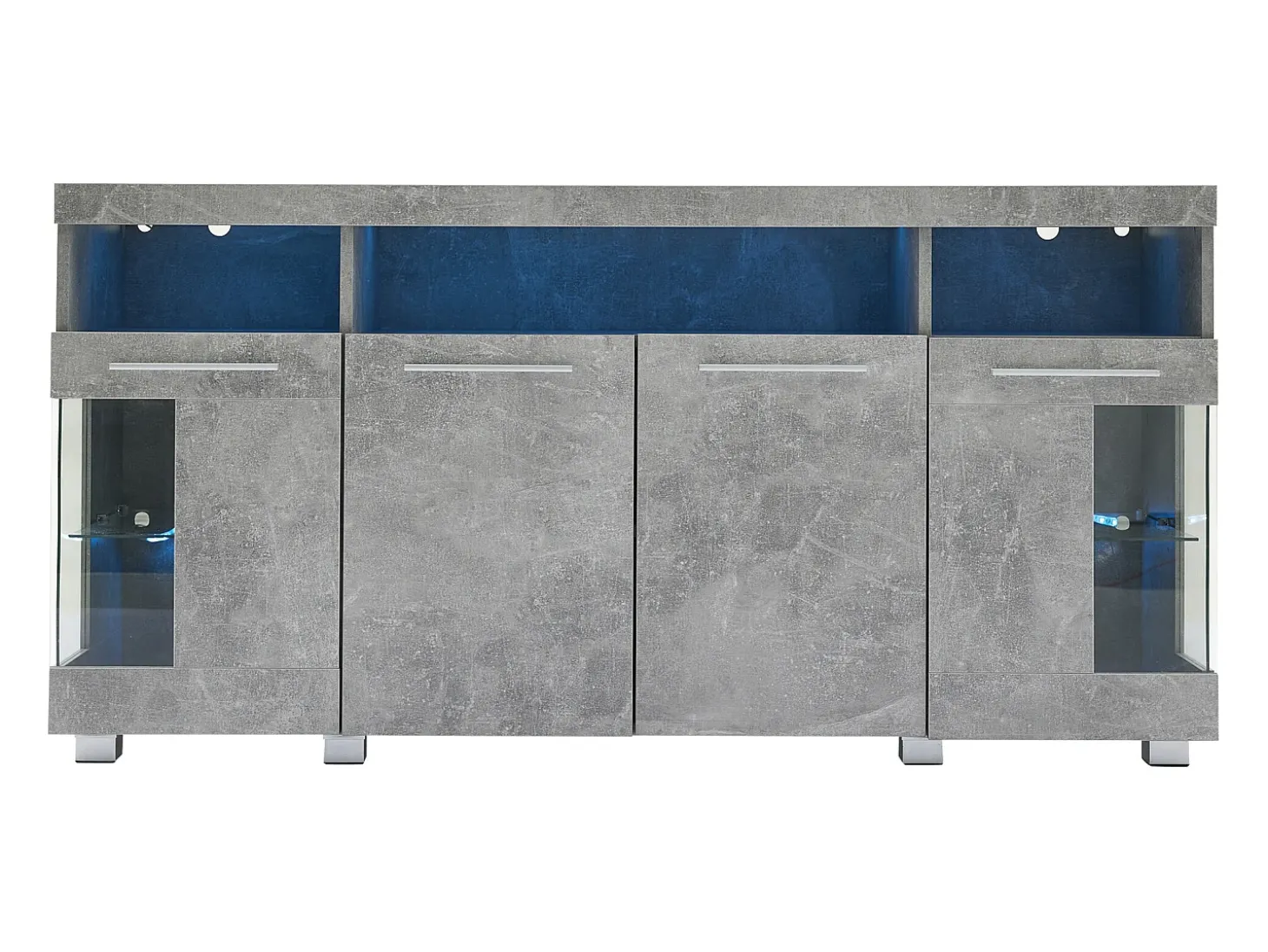 Aparador gris con luces LED, 140x40x70 cm, 4 puertas y compartimentos, para salón y comedor