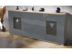 Aparador Grömitz V2 – Mueble con 2 Puertas Grandes y 4 Cajones, Roble Evoke/gris de alto brillo (166,5 x 75,5 x 35)