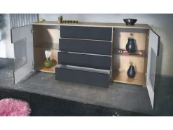 Aparador Grömitz V2 – Mueble con 2 Puertas Grandes y 4 Cajones, Roble Evoke/gris de alto brillo (166,5 x 75,5 x 35)
