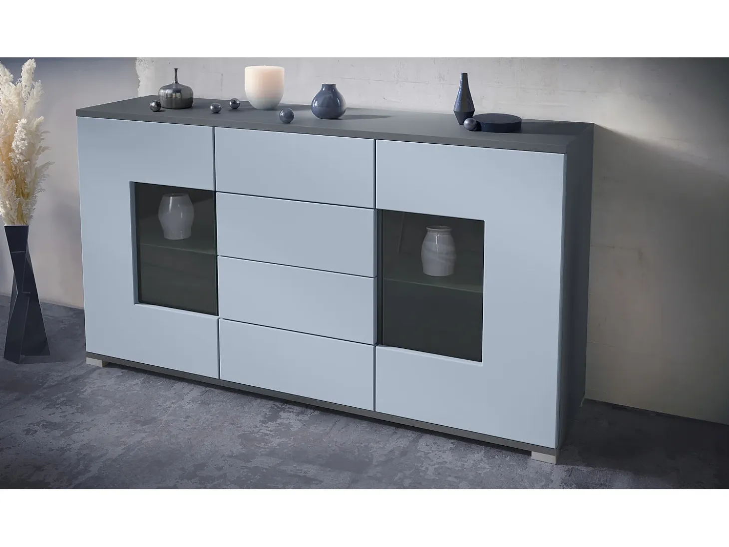 Aparador Grömitz V1 – Mueble con 2 Puertas Grandes y 4 Cajones, antracita mate/mezclilla mate (138,5 x 75,5 x 35)