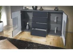 Aparador Grömitz V1 – Mueble con 2 Puertas Grandes y 4 Cajones, antracita mate/gris arena de alto brillo (138,5 x 75,5 x 35)