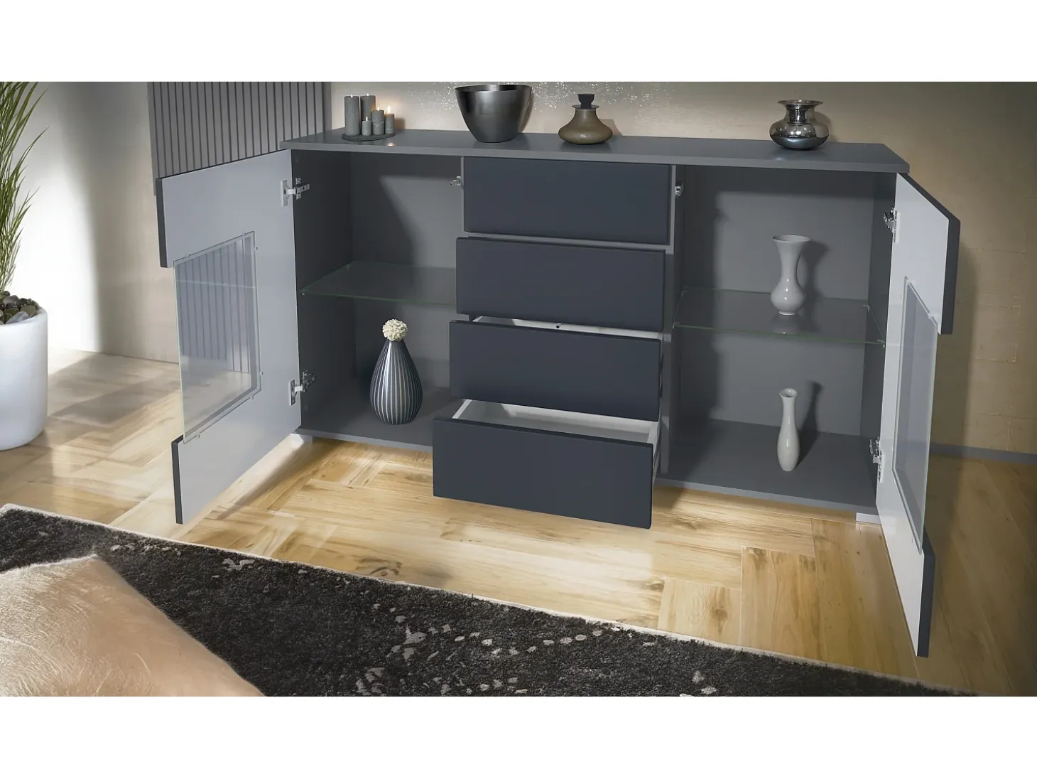 Aparador Grömitz V1 – Mueble con 2 Puertas Grandes y 4 Cajones, antracita mate/gris arena de alto brillo (138,5 x 75,5 x 35)