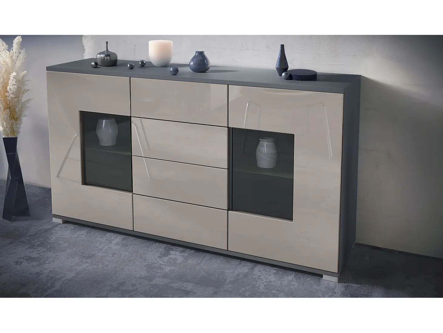 Aparador Grömitz V1 – Mueble con 2 Puertas Grandes y 4 Cajones, antracita mate/gris arena de alto brillo (138,5 x 75,5 x 35)