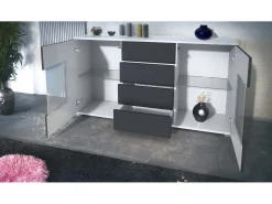 Aparador Grömitz V1 – Mueble con 2 Puertas Grandes y 4 Cajones, blanco mate/burdeos de alto brillo (138,5 x 75,5 x 35)