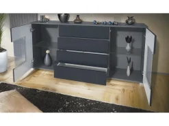 Aparador Grömitz V2 – Mueble con 2 Puertas Grandes y 4 Cajones, antracita mate/crema de alto brillo (166,5 x 75,5 x 35)