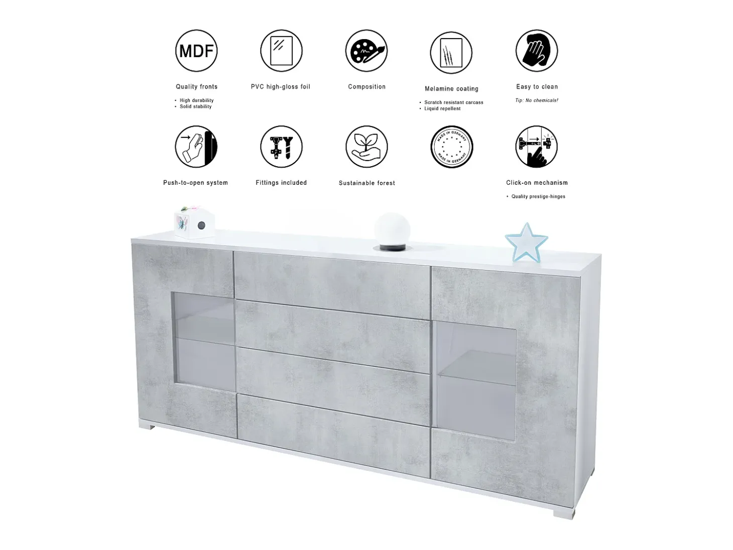 Aparador Grömitz V2 – Mueble con 2 Puertas Grandes y 4 Cajones, blanco mate/negro mate (166,5 x 75,5 x 35)