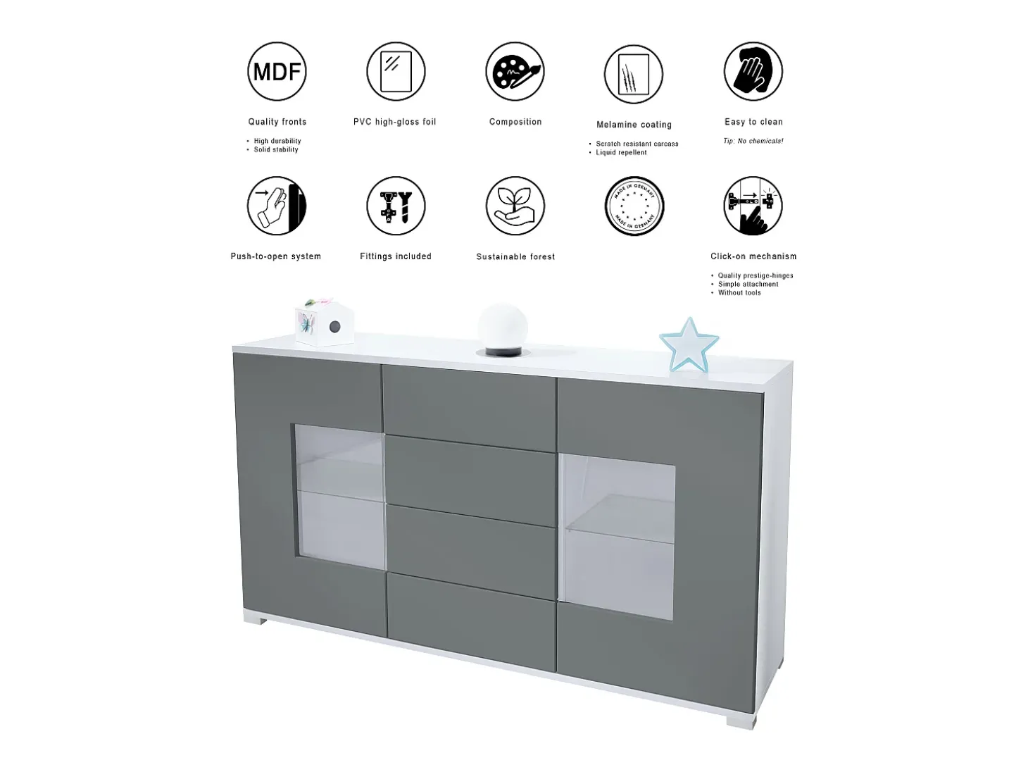 Aparador Grömitz V1 – Mueble con 2 Puertas Grandes y 4 Cajones, blanco mate/blanco de alto brillo (138,5 x 75,5 x 35)