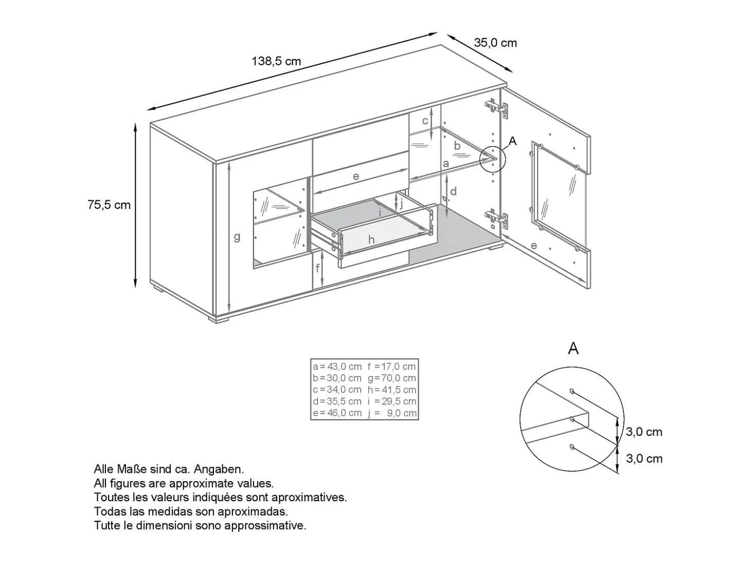 Aparador Grömitz V1 – Mueble con 2 Puertas Grandes y 4 Cajones, blanco mate/blanco de alto brillo (138,5 x 75,5 x 35)
