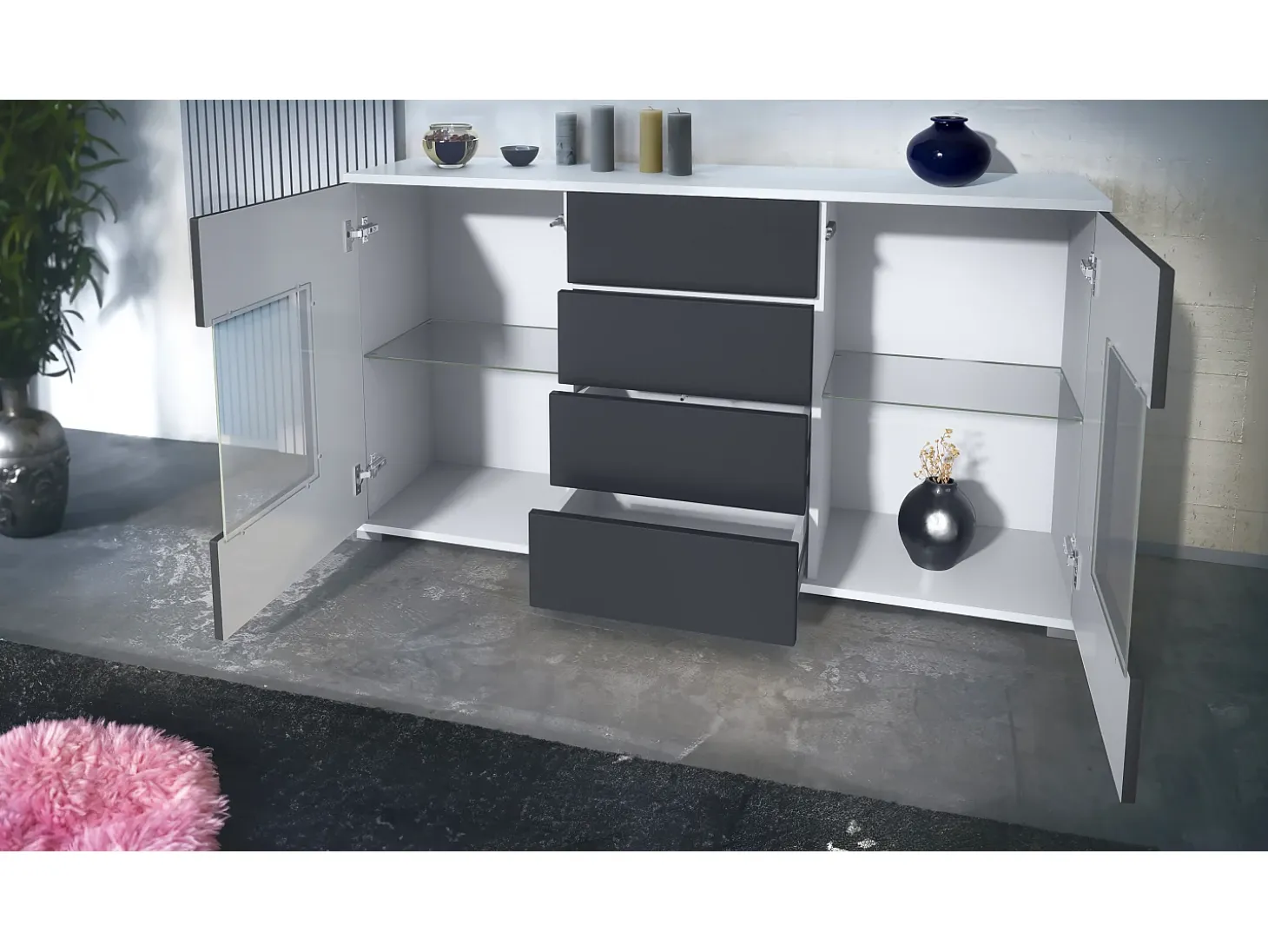 Aparador Grömitz V1 – Mueble con 2 Puertas Grandes y 4 Cajones, blanco mate/blanco de alto brillo (138,5 x 75,5 x 35)