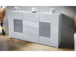 Aparador Grömitz V1 – Mueble con 2 Puertas Grandes y 4 Cajones, blanco mate/blanco de alto brillo (138,5 x 75,5 x 35)