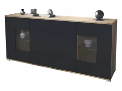 Aparador Grömitz V2 – Mueble con 2 Puertas Grandes y 4 Cajones, Roble Evoke/negro mate (166,5 x 75,5 x 35)