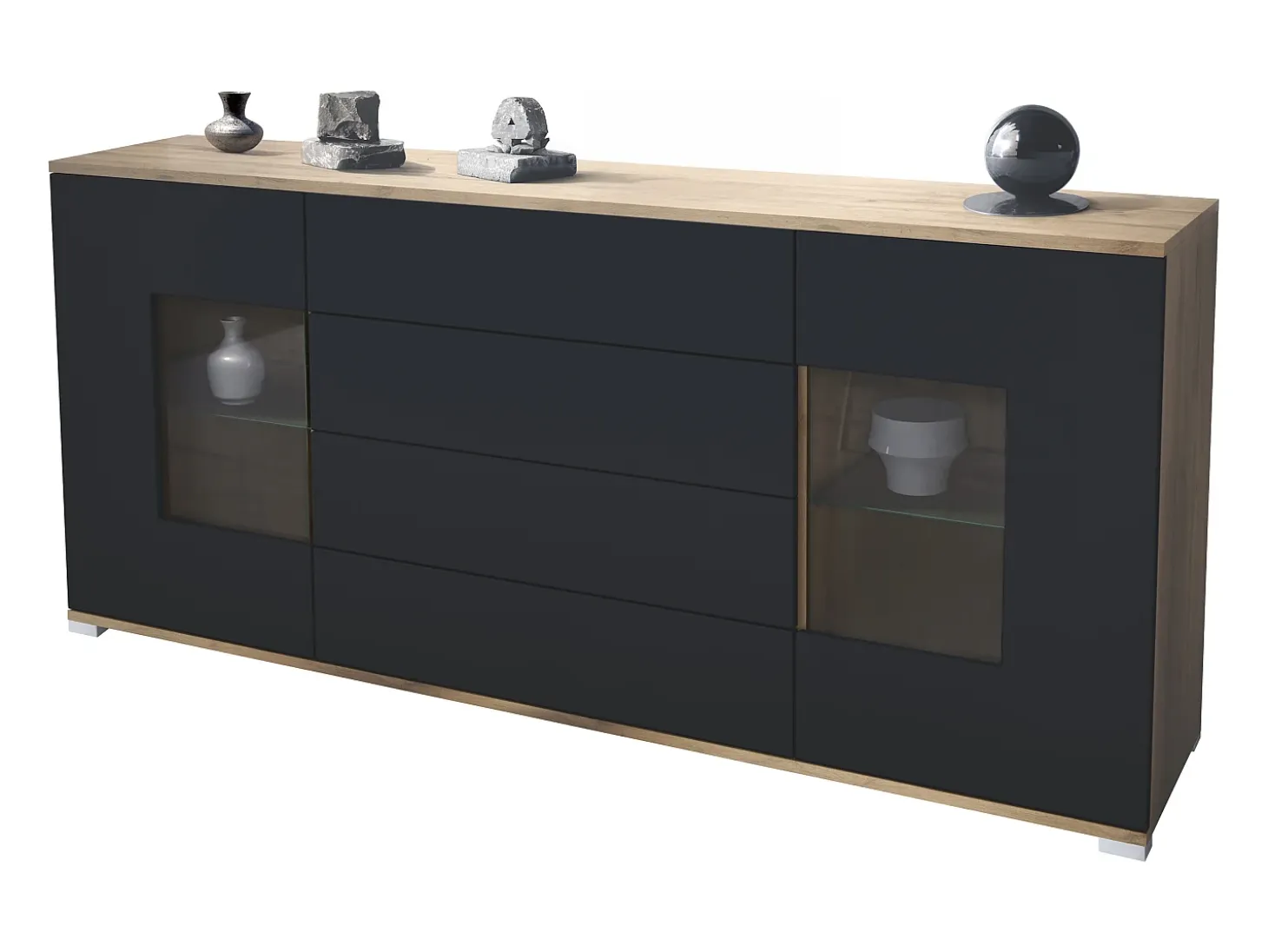 Aparador Grömitz V2 – Mueble con 2 Puertas Grandes y 4 Cajones, Roble Evoke/negro mate (166,5 x 75,5 x 35)