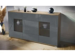 Aparador Grömitz V1 – Mueble con 2 Puertas Grandes y 4 Cajones, Roble Evoke/gris de alto brillo (138,5 x 75,5 x 35)