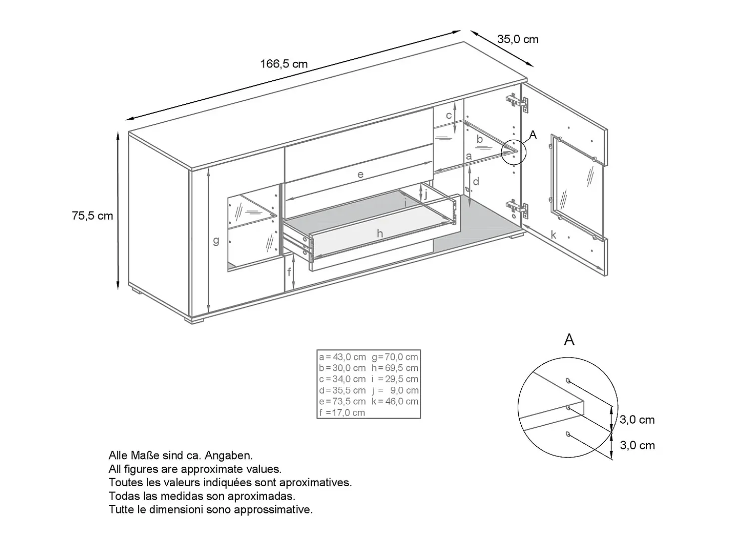 Aparador Grömitz V2 – Mueble con 2 Puertas Grandes y 4 Cajones, blanco mate/crema de alto brillo (166,5 x 75,5 x 35)