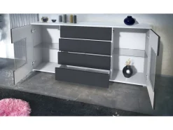 Aparador Grömitz V2 – Mueble con 2 Puertas Grandes y 4 Cajones, blanco mate/crema de alto brillo (166,5 x 75,5 x 35)